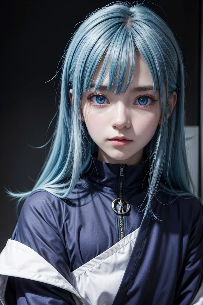 I want an anime style male character with kawaii symbol bright blue eyes satura gojo hair evil outfit 