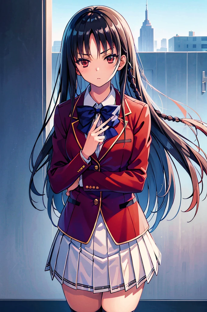 masterpiece, best quality, high resolution, best illustration, super fine illustration, (official art:0.8), anime screencap, detailed beautiful face and eyes, anime keyvisual, (perfect anatomy:1.5), 8k portrait, (detail focus fingers:1.2),
1girl,
Suzune Horikita,
Suzune Horikita \(youjitsu\),
long hair, braid,
black hair,
(red eyes:1.2), slant eyes, small eyes,
blue bow,
medium breasts,
(school uniform, red jacket, white skirt, pleated skirt, black thigh-high socks),
looking at viewer,
cowboy shot,
perfect light, background of outdoors,
