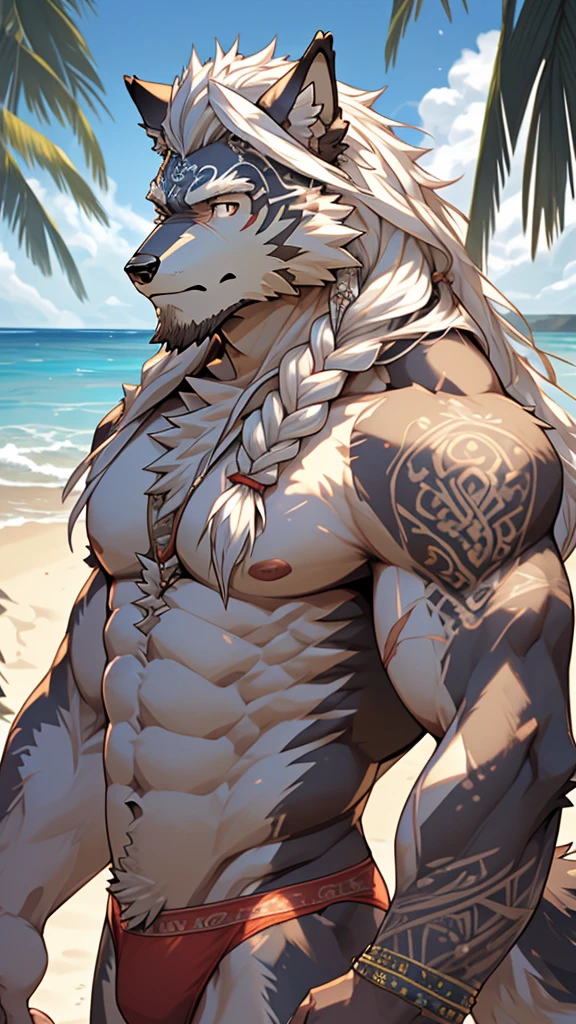(masterpiece),(highres),(intricate details:1.4),extremely detailed,(illustration:1.2),8k,photorealistic,Anime headshot,exquisite,solo,elder male wolf,muscular,general,(naked upper body:1.4),(white hair:1.3),long hair,braided hair,beard,scar,naked,on the seacoast,beach resort,swimwear,beach,warm sunshine 