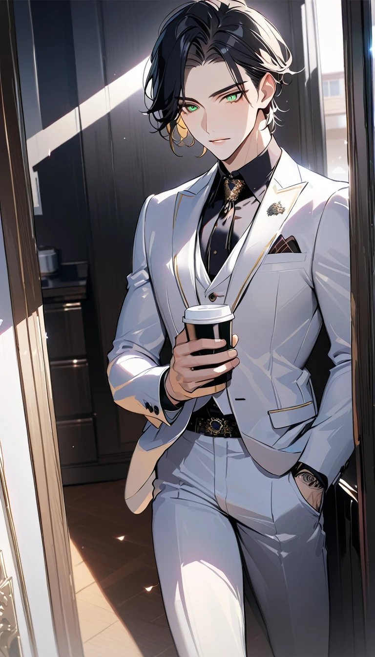 1 male, 25 years old British male, decisive, graceful, tattooed, emerald eyes, black hair, white suit, black shirt, tie, British gentleman, white pants, office president, 
Standing, holding a cup of coffee in his hand，Office President，一个现代Handsome哥，25-year-old male，Black Hair，Green eyes，short hair，No bangs，Show forehead，Middle parted hair，young people，Dynamic Hair，Delicate face，Bright Eyes，Gem Eyes， Extremely detailed eyes， Handsome，Handsome，White skin，Single photo，Upper body photo from thigh up，Handsome哥，Handsome face，masterpiece，HD，masterpiece，Sense of division，a beautiful man，Exquisite eyes，Carefully sculpted hair，Rich in details，Standinging in front of a white background，Handsome哥，juvenile，blond，short hair，Handsome face，Handsome，Handsome，超级Handsome哥，White skin，Fair skin，Handsome哥，Handsome face，Pretty Face，indifferent的表情，Reflective hair，Shiny hair，现代都市Handsome哥，Modern Clothing，Fashion，Casual jacket，trend，Handsome，upright，Standing，front，Moderate，Direct vision，Eye height，Wearing a white coat，Black pants，front面貌，front，Stay away from the camera，whole body，High cold temperament，Shoulder height，front面貌直面镜头，（whole body照片），whole body，Imagine，blond，cold face，indifferent，cold，Don't laugh，Residence，poker face，4K, ((masterpiece)),((best quality)),((High Detail)),((Practical,)) ((best quality)), ((masterpiece)), ((Practical))，high resolution, ((Intricate details)), Very detailed,masterpiece, best quality, (Very detailed CG unity 8k wallpaper), (best quality), (Best Illustration Award), (Best shadow),,Ray Tracing, Very detailed