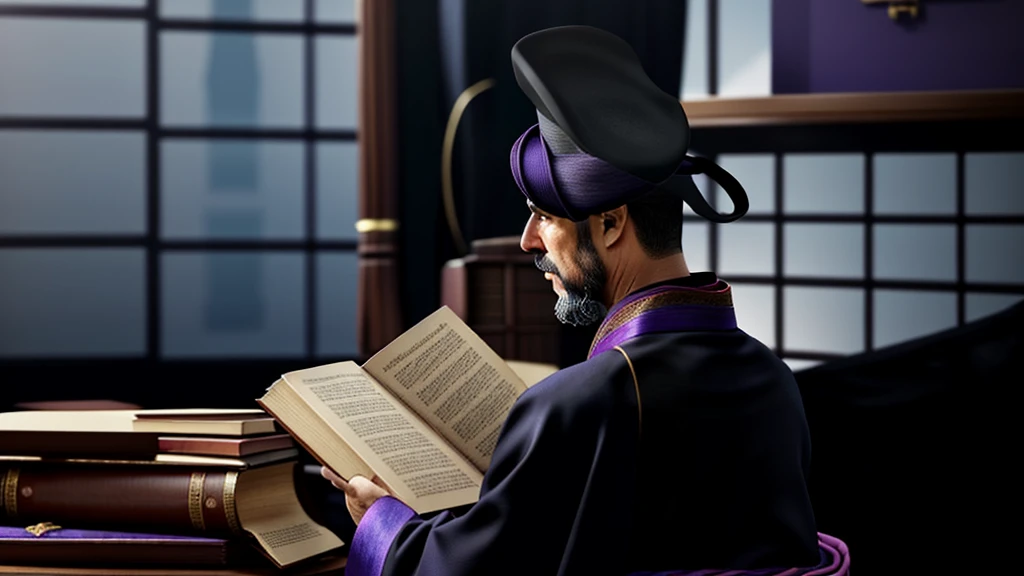 Back view of a man wearing a purple kimono and an old black hat reading an old brown book, centered, scale fit, rule of thirds, (shiny Egyptian ornaments), high resolution, sharp focus, (ultra detailed, highly detailed), (photorealistic artwork: 1.37), (highly detailed CG Unity 8k wallpaper), (((vibrant colors, vibrant theme))), (exquisite), (masterpiece), (best quality), art photography, (photo by sldr), (exquisite background), perfectly rendered face, perfect facial details, realistic face, photorealistic, ((exquisite details)), (((realism))),