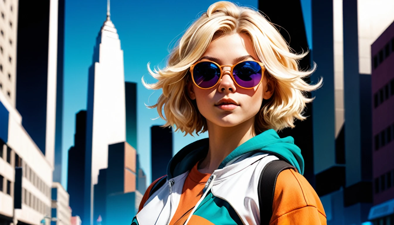 (style de film photo) Create a digital illustration of a young character with blonde hair, styled similarly to the original curly hair. The character should wear sunglasses and a hoodie, similar to the reference image. Set the character in a futuristic cityscape with tall skyscrapers and advanced architecture. Ensure the lighting highlights the character's features and the high-tech environment, maintaining a vibrant and dynamic atmosphere., dans sa chambre, étudier, 2D, coloré, Ambiance chaleureuse, brillant, Jean-Baptiste Monge style, À la manière d&#39;Alan Lee