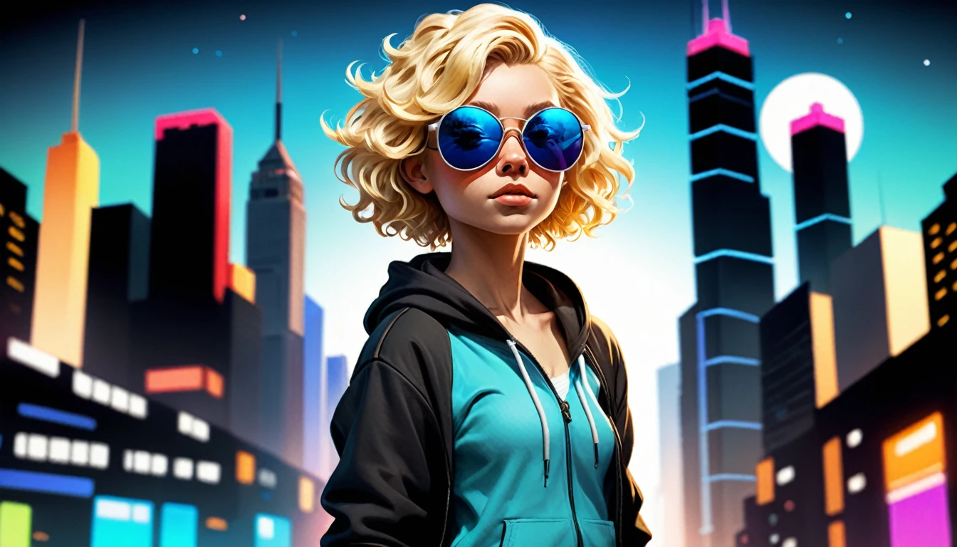 (style de film photo) Create a digital illustration of a young character with blonde hair, styled similarly to the original curly hair. The character should wear sunglasses and a hoodie, similar to the reference image. Set the character in a futuristic cityscape with tall skyscrapers and advanced architecture. Ensure the lighting highlights the character's features and the high-tech environment, maintaining a vibrant and dynamic atmosphere., dans sa chambre, étudier, 2D, coloré, Ambiance chaleureuse, brillant, Jean-Baptiste Monge style, À la manière d'Alan Lee