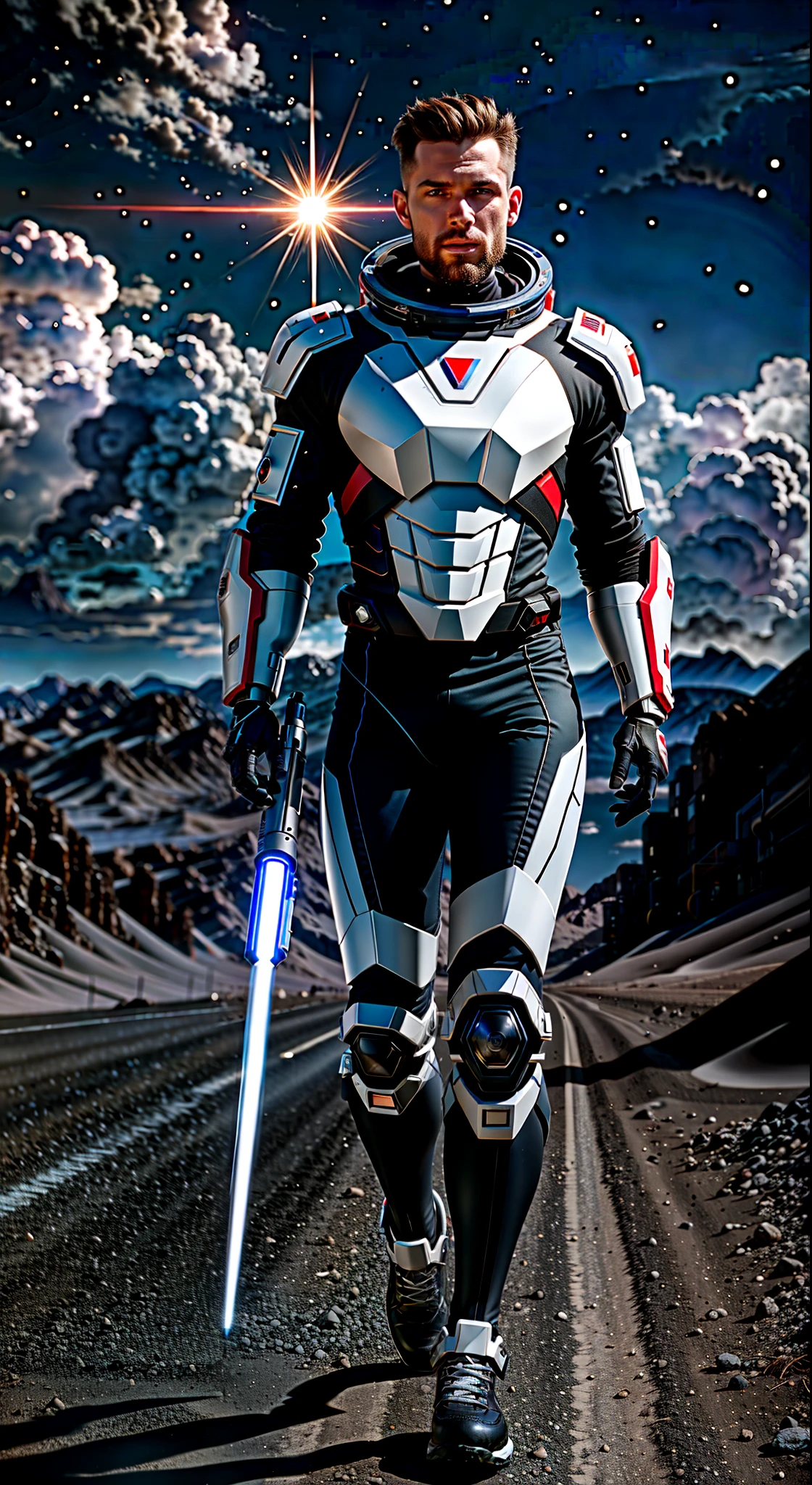 High resolution image of very muscular Cyborg man with white skin , male face with beard, showing full body, wearing futuristic space armor, walking on deserted Mars, With Sun, holding a laser machine gun, looking at camera, squared chin, fine nose, pink mouth lips, cloused mouth, well-defined eyes with blue irises, show legs, wearing futuristic cyborg boots, 8K ultra resolution.