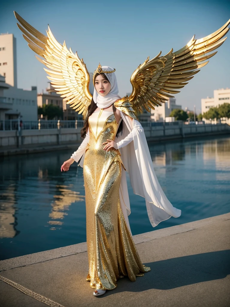 HD Portrait, 8K, chinese cute teen girls dressed in white and gold with wings and a sword, (wearing hijab:1.2), (full iron golden armor:1.2), ornate cosplay, as a mystical valkyrie, the sailor galaxia, beautiful, white and gold priestess robes, anime cosplay, glamourous cosplay, with fiery golden wings, cosplay, professional cosplay, goddess of light, zenra taliyah, full body angel, cosplayer, perfect makeup, perfect face, beautiful face, beautiful body,sky background, smog, sunny weather, lighting, The atmosphere looks real, Full body shot exposed, ((Front angle shot:1.0)), cinematic, ultra realistic, Professional, 