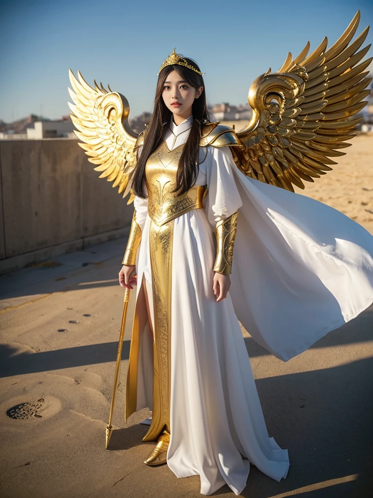 HD Portrait, 8K, chinese cute teen girls dressed in white and gold with wings and a sword, (wearing hijab:1.2), (full iron golden armor:1.2), ornate cosplay, as a mystical valkyrie, the sailor galaxia, beautiful, white and gold priestess robes, anime cosplay, glamourous cosplay, with fiery golden wings, cosplay, professional cosplay, goddess of light, zenra taliyah, full body angel, cosplayer, perfect makeup, perfect face, beautiful face, beautiful body,sky background, smog, sunny weather, lighting, The atmosphere looks real, Full body shot exposed, ((Front angle shot:1.0)), cinematic, ultra realistic, Professional, 