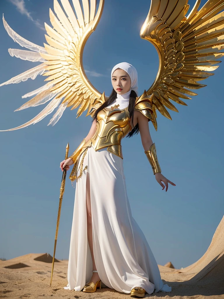 HD Portrait, 8K, chinese cute teen girls dressed in white and gold with wings and a sword, (wearing hijab:1.2), (full iron golden armor:1.2), ornate cosplay, as a mystical valkyrie, the sailor galaxia, beautiful, white and gold priestess robes, anime cosplay, glamourous cosplay, with fiery golden wings, cosplay, professional cosplay, goddess of light, zenra taliyah, full body angel, cosplayer, perfect makeup, perfect face, beautiful face, beautiful body,sky background, smog, sunny weather, lighting, The atmosphere looks real, Full body shot exposed, ((Front angle shot:1.0)), cinematic, ultra realistic, Professional, 