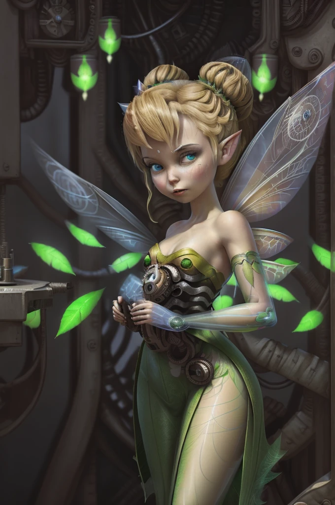 provocative, perfect ligthing, looking at viewer, cinematic lighting, cowboy shot, TinkerBell, (TinkerBellWaifu:1.1), single hair bun, (dress), (green clothe), (transparent fairy wings:1.6), (green clothe), ((clothes made from leaves)), pointy ears, blue eyes, blush, shrunken, inside clock, mechanical clock, gears in the background, (tinkering:1.5), pixiedust,