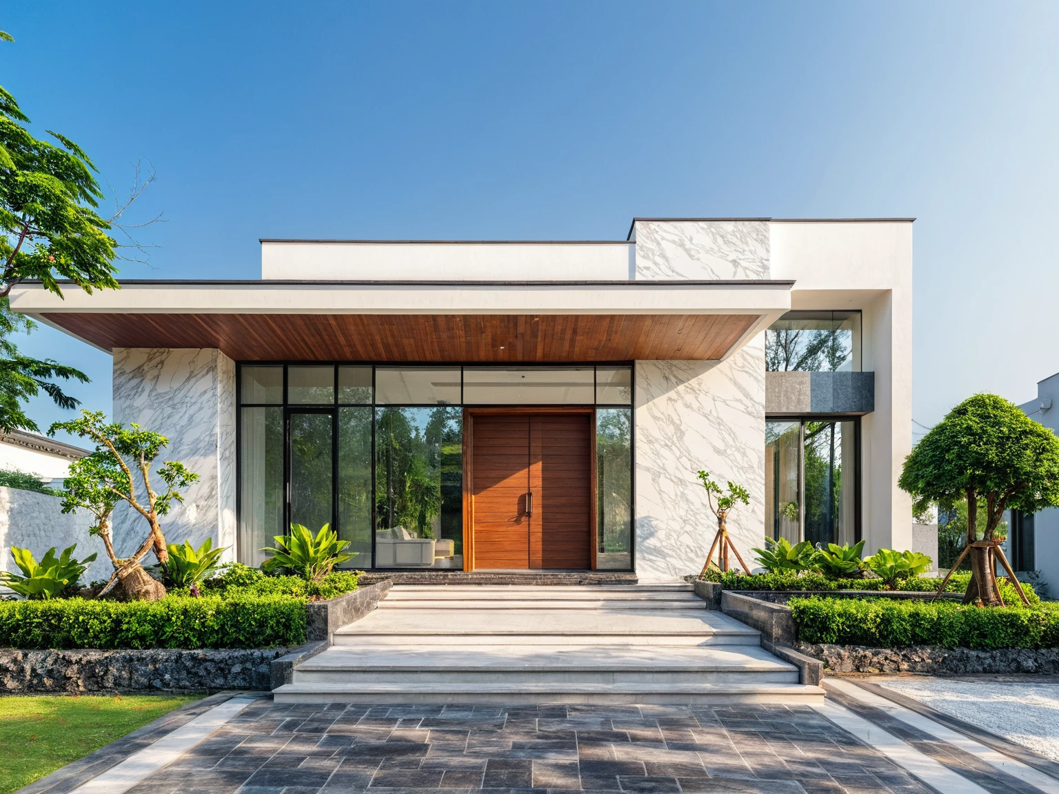 masterpiece, best quality, exterior design, single 1 storie modern house on the Vietnam village, modern dark tiled granite and white walls facade, wooden ceiling, large glass, minimalist modern style, green shrubs and tropical tree background, natural light, clear sky morning background, large door and windows,