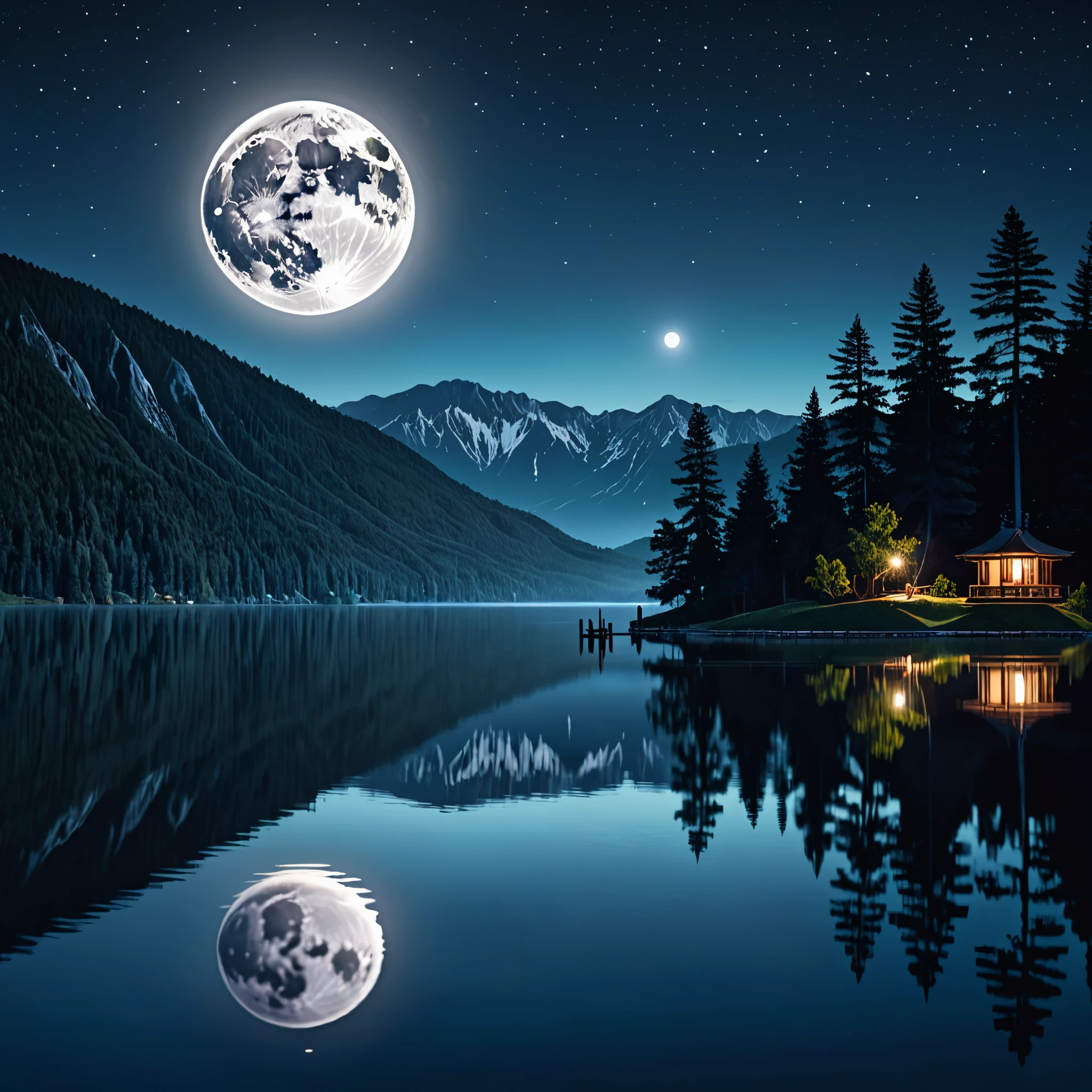 Capture the ethereal beauty of a full moon rising over a serene lake, casting a shimmering reflection on the water. Epic cinematic brilliant stunning intricate meticulously detailed dramatic atmospheric maximalist digital matte painting.