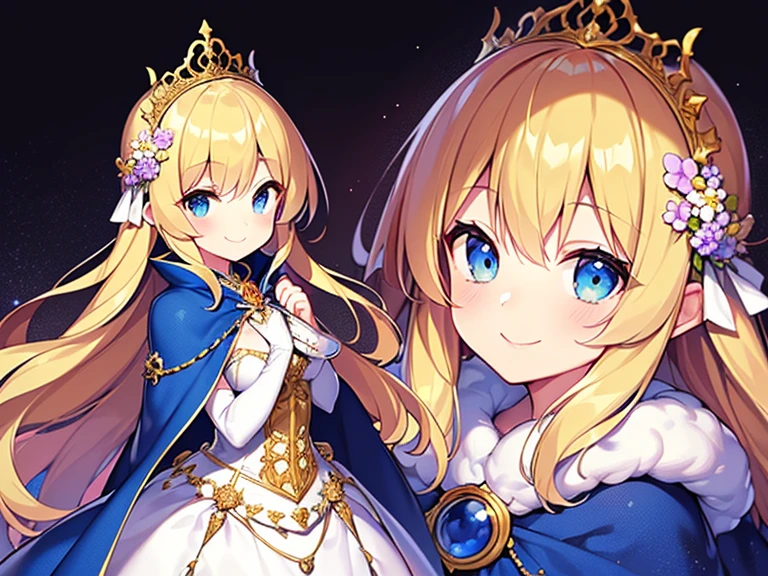 looking at viewer,(kawaii),(best quality),(ultra detailed), upper body,(rococo style),(long train blue cape:1.15), very long cape,(long train white ball gown with flower decorations:1.1), a girl is wearing a cape over her gown, 1 little princess, tiara, smile, very long hair, small breasts