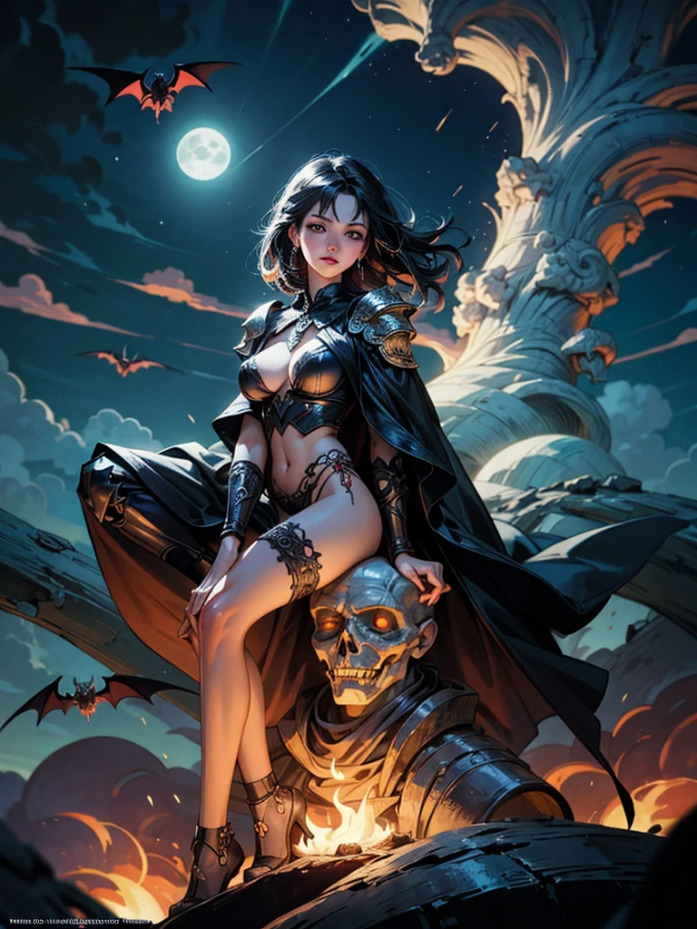 ((best quality)), ((masterpiece)), (detailed), realistic eyes, black hair, black leather outfit, armor, evil landscape, alluring female witch, BREAK ethereal beauty, sitting on a dead tree, (fantasy illustration:1.3), enchanting gaze, captivating pose, solo girl, otherworldly charm, mystical sky, BREAK (Luis Royo:1.2), (Yoshitaka Amano:1.1), moonlit night, soft colors, (detailed cloudscape:1.3), (high-resolution:1.2), (bats flying in the sky in the background),bat, thong, BREAK legs dangling above lava, evil goddess, realistic, realism, , glowing torches, long leges, skinny , perfect exposed boobs, tattoos, sultry look, seductive