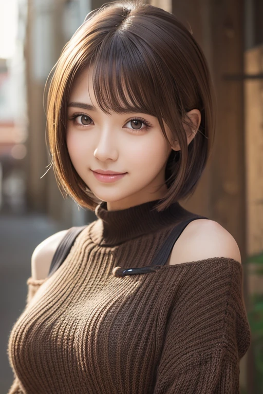 20 year old pretty girl, Big eyes, Large Breasts, Small and slim, 4K, Highest quality, (Highly detailed head: 1.0), (Highly detailed face: 1.0), (Very fine hair: 1.0),  Highly detailed official artwork, Anime Moe Art Style, Beautiful and detailed anime art, smile, Brown Hair, Sleek short hair,Loose, lightweight knitwear、Shoulder out、thin、Serious expression、Deadly position