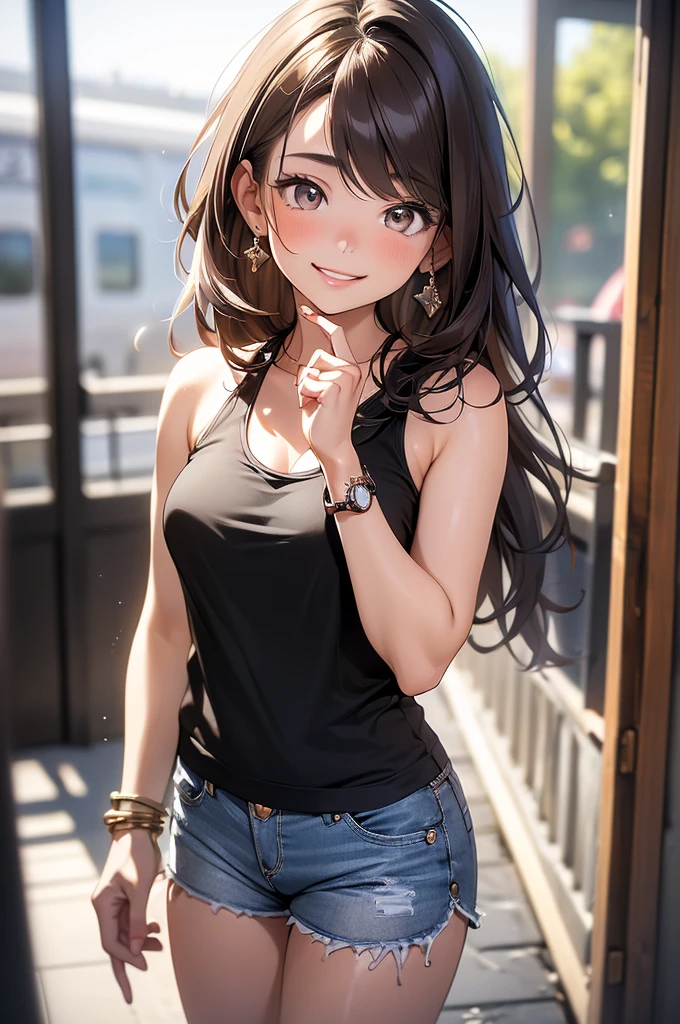 (masterpiece, best quality, ultra-detailed, highres, 4k),(beautiful detailed eyes),(very detailed face),(1girl),HDR,long hair, shorts, phone, brown eyes, brown hair, cellphone, bracelet, tank top, jewelry, watch, lips, solo focus, nail polish, blurry background, smile, wristwatch, realistic, blurry, looking at viewer