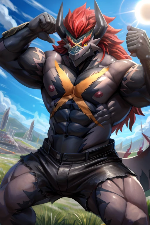 batzz,Future Card Buddy fight,dragon,male,aldult,Solitary,4K,Best quality,Looking at the audience,Show muscles,Upper body exposed,Bare chest,Chest muscles, Pink nipples, Six-pack abs,Biceps,Cross scar on chest,dragon尾巴,Anatomically correct,pride,Soft shadows,Majestic and detailed face,High quality eyes,Yellow eyes,Red pupils,Grandiose,brave,Confident smile,Strong,Mature,black leather shorts,Black harness,grassland,Blue sky and white clouds,The sun shines