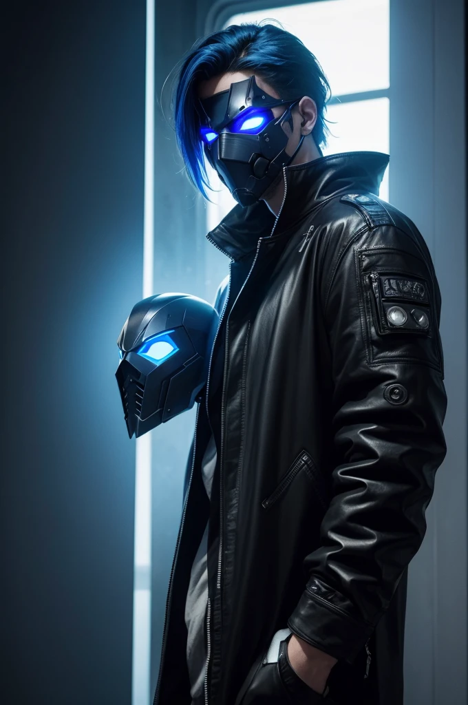 I want a cyberpunk style male character with a villain mask and glowing blue eyes