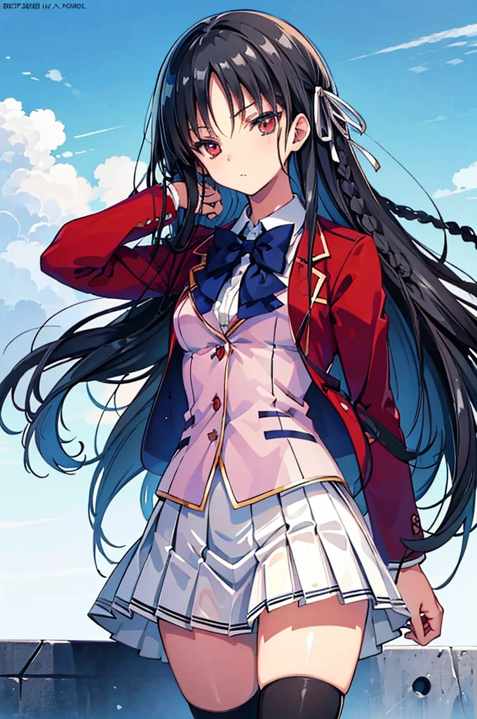 masterpiece, best quality, high resolution, best illustration, super fine illustration, (official art:0.8), anime screencap, detailed beautiful face and eyes, anime keyvisual, (perfect anatomy:1.5), 8k portrait, (detail focus fingers:1.2),
1girl,
Suzune Horikita,
Suzune Horikita \(youjitsu\),
long hair, braid,
black hair,
(red eyes:1.2), slant eyes, small eyes,
blue bow,
medium breasts,
(school uniform, red jacket, white skirt, pleated skirt, black thigh-high socks),
looking at viewer,
cowboy shot,
perfect light, background of outdoors,