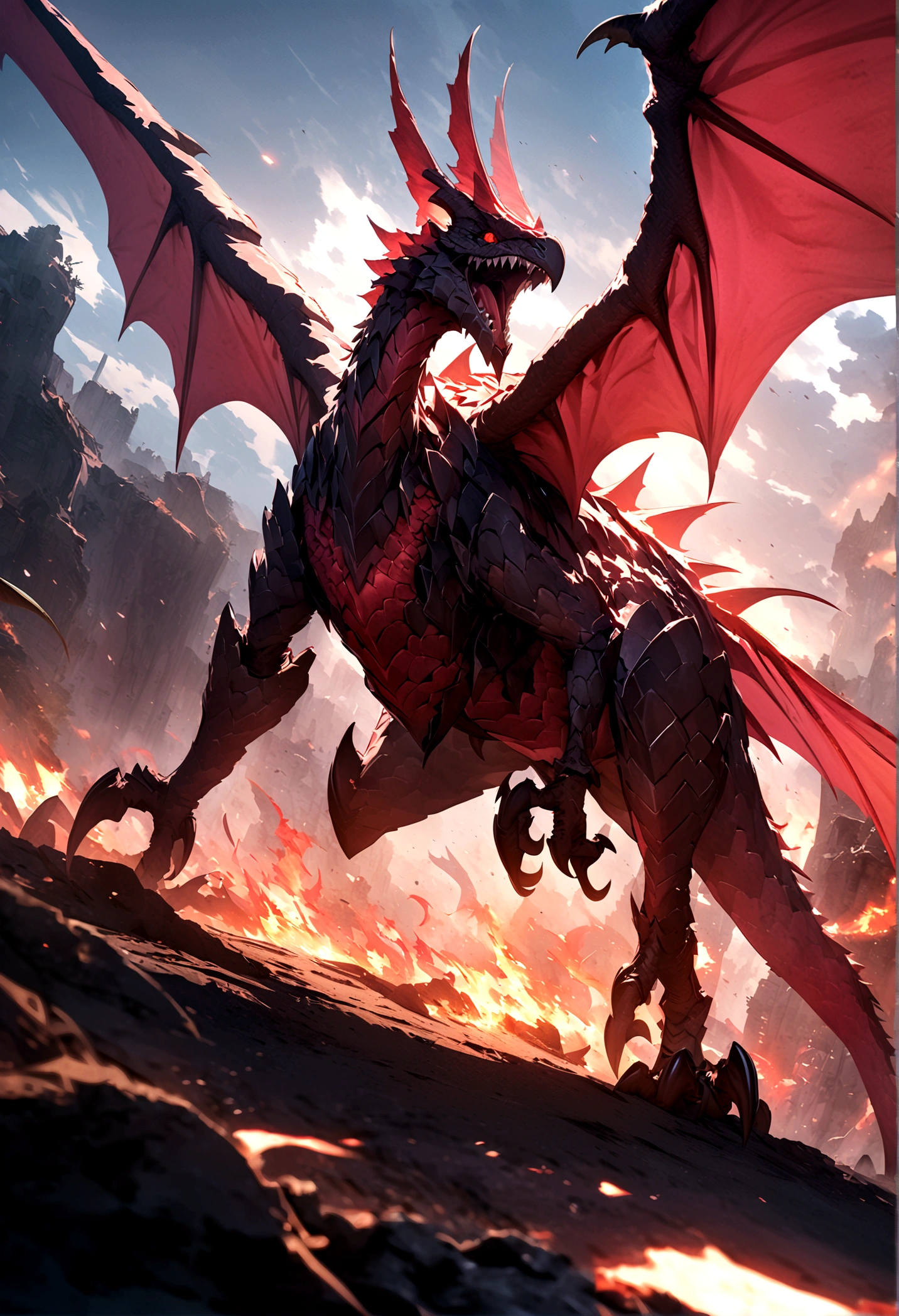 ((Masterpiece, top quality, high resolution)), ((highly detailed CG unified 8K wallpaper)), Pink pterosaur, Detailed scales and claws covered with armor-like scales, A ferocious pattern in pink and red, A symbol of fire and destruction, wide angle dynamic action shot,