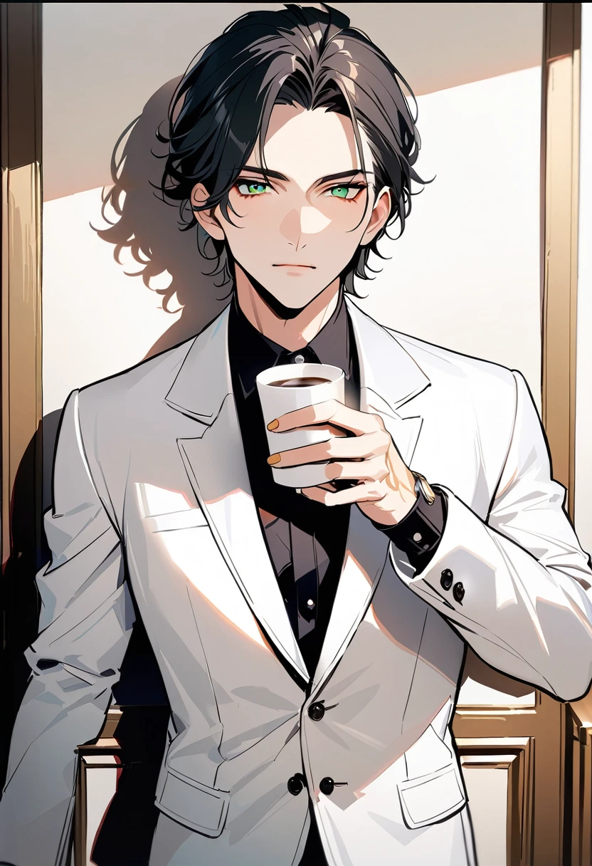 1 male, 25 years old British male, decisive, graceful, tattooed, emerald eyes, black hair, white suit, British gentleman, white pants, office president, standing
Holding a cup of coffee in his hand，Office President，一个现代handsome，25-year-old male，Black Hair，Green eyes，short hair，No bangs，Show forehead，Middle parted hair，young people，Dynamic Hair，Delicate face，Bright Eyes，Gem Eyes， Extremely detailed eyes， Handsome，Handsome，White skin，Single photo，Upper body photo from thigh up，handsome，Handsome face，masterpiece，HD，masterpiece，Sense of division，a beautiful man，Exquisite eyes，Carefully sculpted hair，Rich in details，Standinging in front of a white background，handsome，juvenile，blond，short hair，Handsome face，Handsome，Handsome，超级handsome，White skin，Fair skin，handsome，Handsome face，Pretty Face，indifferent expression，Reflective hair，Shiny hair，现代都市handsome，Modern Clothing，Fashion，Casual jacket，trend，Handsome，upright，Standing，front，Moderate，Direct vision，Eye height，Wearing a white coat，Black pants，front appearance，front，Stay away from the camera，whole body，High cold temperament，Shoulder height，front appearance直面镜头，（whole body photos），whole body，Imagine，blond，cold face，indifferent，cold，Don't laugh，Residence，poker face，4K, ((masterpiece)),((best quality)),((High Detail)),((Practical,)) ((best quality)), ((masterpiece)), ((Practical))，high resolution, ((Intricate details)), Very detailed,masterpiece, best quality, (Very detailed CG unity 8k wallpaper), (best quality), (Best Illustration Award), (Best shadow),,Ray Tracing, Very detailed