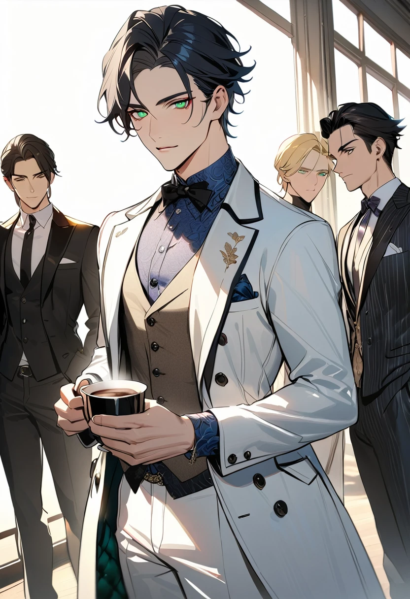 1 male, 25 years old British male, decisive, graceful, tattooed, emerald eyes, black hair, white suit, British gentleman, white pants, office president, standing
Holding a cup of coffee in his hand,Office President,一个现代handsome,25-year-old male,Black Hair,Green eyes,short hair,No bangs,Show forehead,Middle parted hair,young people,Dynamic Hair,Delicate face,Bright Eyes,Gem Eyes, Extremely detailed eyes, Handsome,Handsome,White skin,Single photo,Upper body photo from thigh up,handsome,Handsome face,masterpiece,HD,masterpiece,Sense of division,a beautiful man,Exquisite eyes,Carefully sculpted hair,Rich in details,Standinging in front of a white background,handsome,juvenile,blond,short hair,Handsome face,Handsome,Handsome,超级handsome,White skin,Fair skin,handsome,Handsome face,Pretty Face,indifferent expression,Reflective hair,Shiny hair,现代都市handsome,Modern Clothing,Fashion,Casual jacket,trend,Handsome,upright,Standing,front,Moderate,Direct vision,Eye height,Wearing a white coat,Black pants,front appearance,front,Stay away from the camera,whole body,High cold temperament,Shoulder height,front appearance直面镜头,(whole body photos),whole body,Imagine,blond,cold face,indifferent,cold,Don't laugh,Residence,poker face,4K, ((masterpiece)),((best quality)),((High Detail)),((Practical,)) ((best quality)), ((masterpiece)), ((Practical)),high resolution, ((Intricate details)), Very detailed,masterpiece, best quality, (Very detailed CG unity 8k wallpaper), (best quality), (Best Illustration Award), (Best shadow),,Ray Tracing, Very detailed
