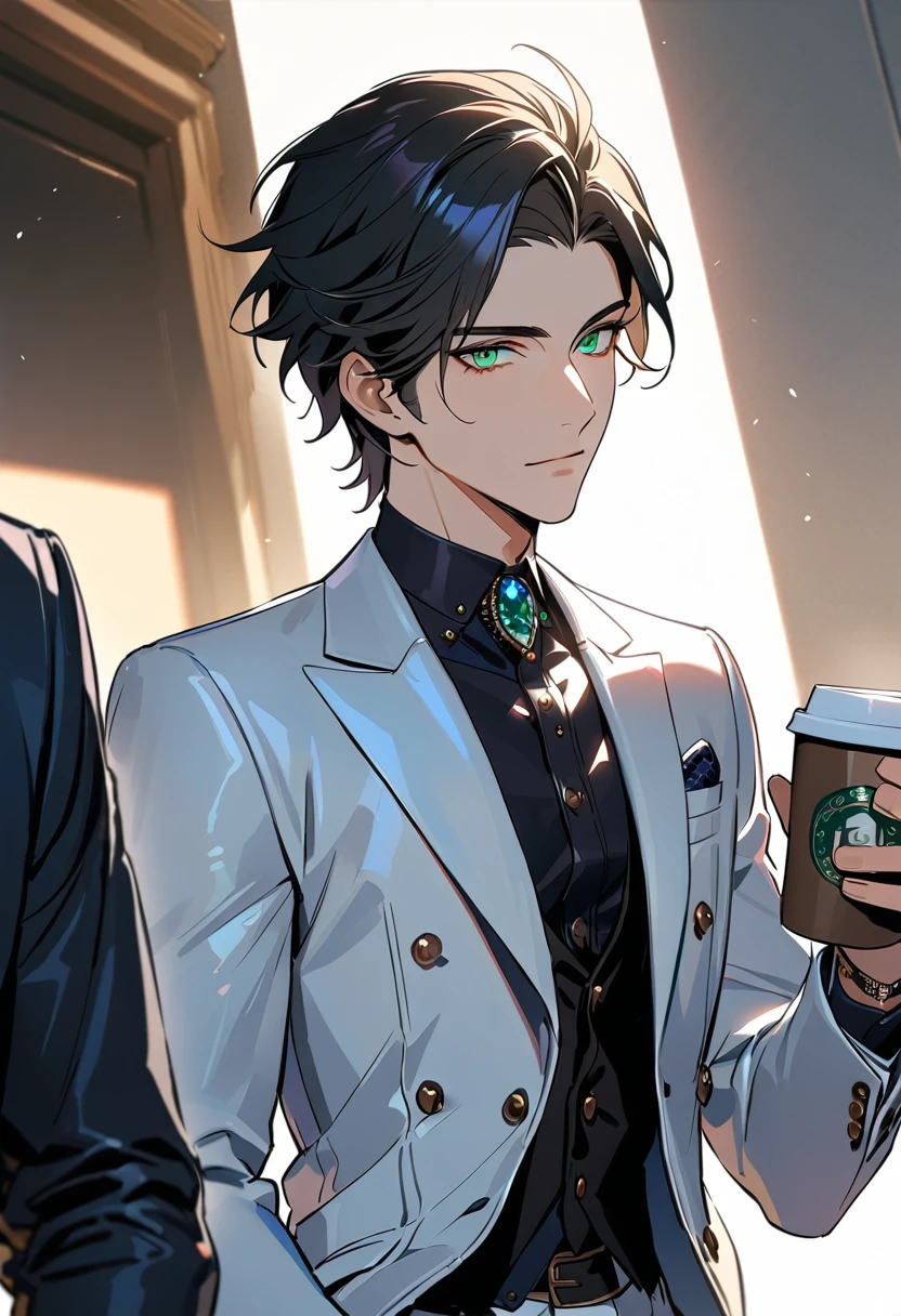 1 male, 25 years old British male, decisive, graceful, tattooed, emerald eyes, black hair, white suit, British gentleman, white pants, office president, standing
Holding a cup of coffee in his hand，Office President，一个现代handsome，25-year-old male，Black Hair，Green eyes，short hair，No bangs，Show forehead，Middle parted hair，young people，Dynamic Hair，Delicate face，Bright Eyes，Gem Eyes， Extremely detailed eyes， Handsome，Handsome，White skin，Single photo，Upper body photo from thigh up，handsome，Handsome face，masterpiece，HD，masterpiece，Sense of division，a beautiful man，Exquisite eyes，Carefully sculpted hair，Rich in details，Standinging in front of a white background，handsome，juvenile，blond，short hair，Handsome face，Handsome，Handsome，超级handsome，White skin，Fair skin，handsome，Handsome face，Pretty Face，indifferent expression，Reflective hair，Shiny hair，现代都市handsome，Modern Clothing，Fashion，Casual jacket，trend，Handsome，upright，Standing，front，Moderate，Direct vision，Eye height，Wearing a white coat，Black pants，front appearance，front，Stay away from the camera，whole body，High cold temperament，Shoulder height，front appearance直面镜头，（whole body photos），whole body，Imagine，blond，cold face，indifferent，cold，Don't laugh，Residence，poker face，4K, ((masterpiece)),((best quality)),((High Detail)),((Practical,)) ((best quality)), ((masterpiece)), ((Practical))，high resolution, ((Intricate details)), Very detailed,masterpiece, best quality, (Very detailed CG unity 8k wallpaper), (best quality), (Best Illustration Award), (Best shadow),,Ray Tracing, Very detailed
