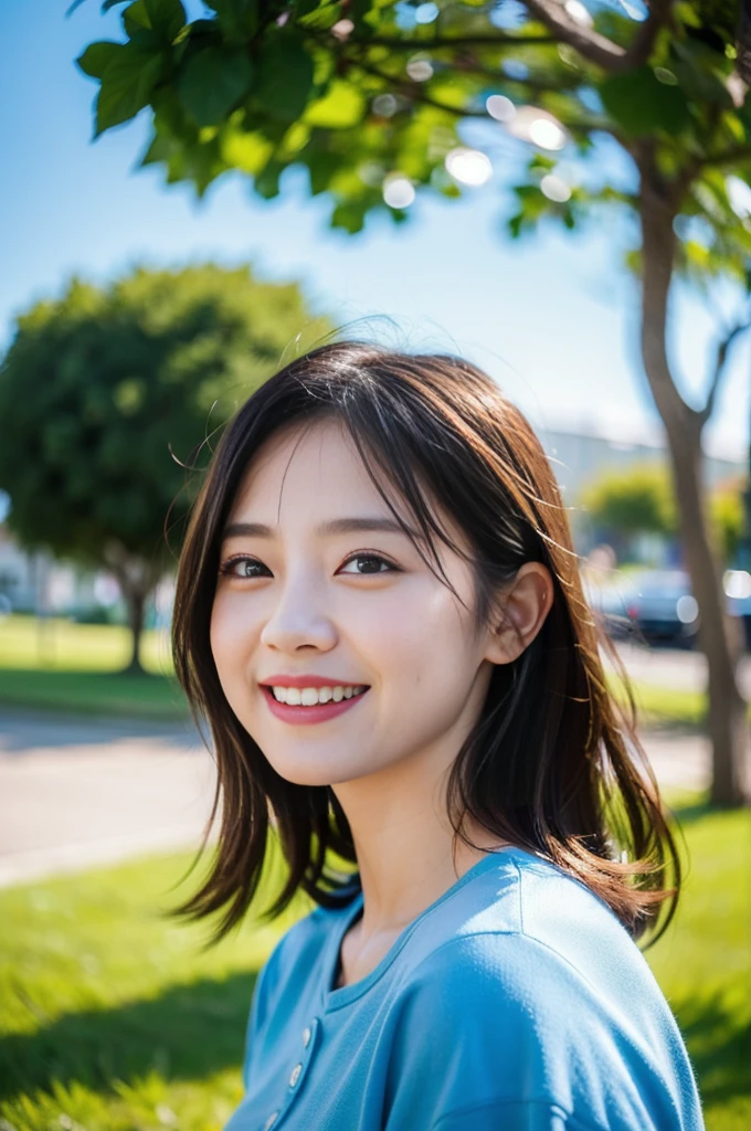 (8K, RAW Photos, Highest quality、masterpiece:1.2), (Realistic、Realistic:1.37), 1 girl, Laughter, View your audience, The background is blue sky, Sun glare, Blurred Background, Particles of light, Strong winds,