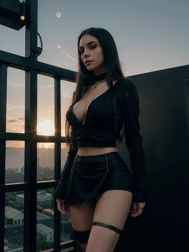 Young goth girl, realistic brunette girl, white girl, beautiful face, detailed face, very straight hair, straight hair, extra straight hair, detailed hair, realistic hair, black hair, black and green hair, black green and yellow hair, tanned skin,  body, fitness body, Thin waist, perfect , Big , Big booty, Big ass, Big legs, big tits, perfect body, wearing micro skirt, Women's Fishnet Stockings, long sleeved black shirt,  shirt, top buttons undone, shirt with chains, hiking boots, Girl standing silhouetted against a breathtaking sunset on a helipad. Looking at the camera, make up goth, make up, make goth,  (rim lighting,:1.4) The warm hues of the sky create the perfect moment.