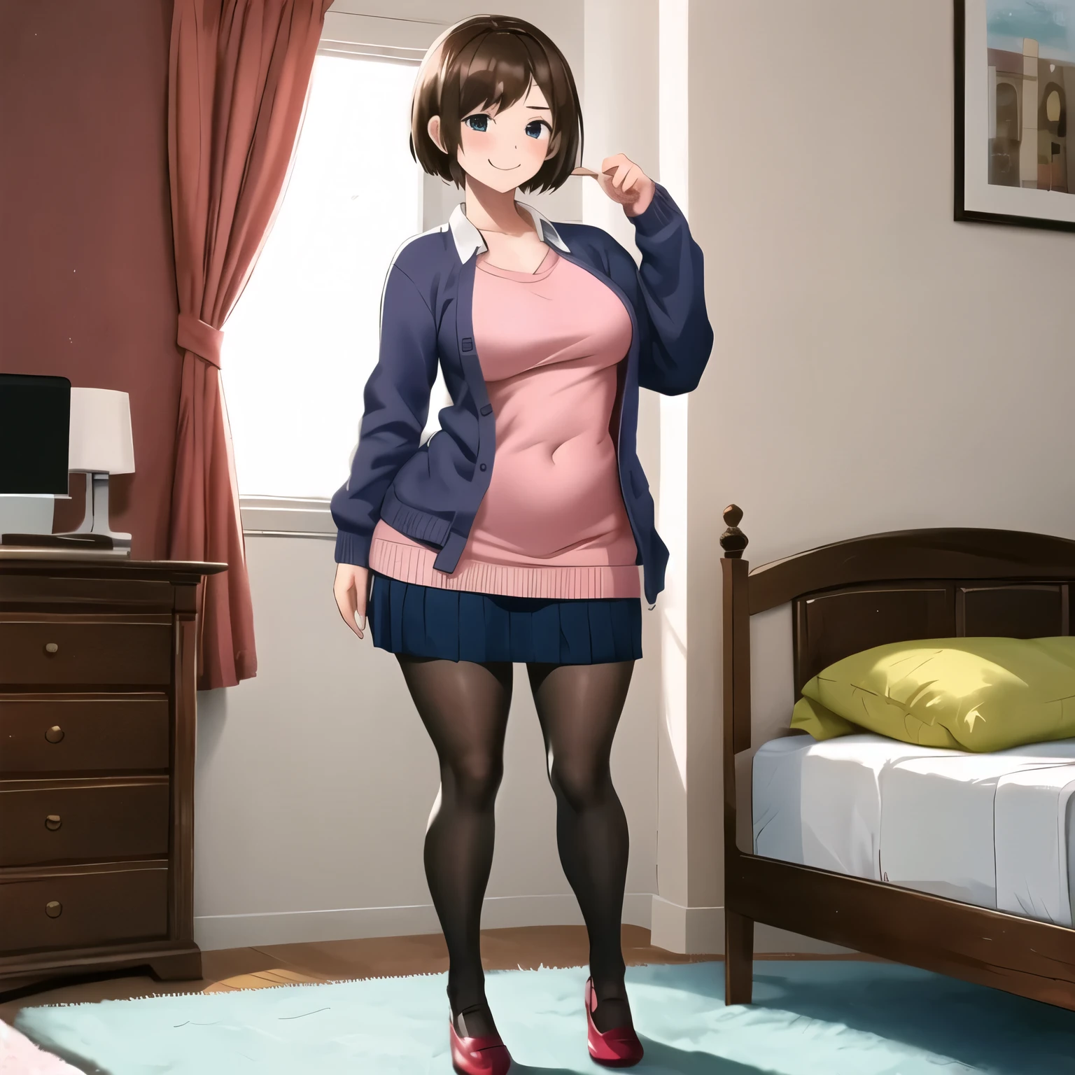 (((1girl))), short hair, pantyhose, shirt, cardigan, High Waist Skirt, Are standing,((full body)),(toe),shoses,smilng,curvy,bedroom,standing near bed,(sexly),Person Up,perfect face,cute,milf,
