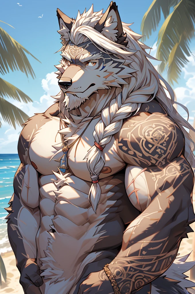 (masterpiece),(highres),(intricate details:1.4),extremely detailed,(illustration:1.2),8k,photorealistic,Anime headshot,exquisite,solo,elder male wolf,muscular,general,(naked upper body:1.4),(white hair:1.3),long hair,braided hair,beard,scar,naked,on the seacoast,beach resort,swimwear,beach,warm sunshine