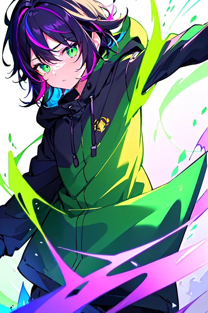 [(WHITE BACKGROUND:1.5),::5], ((((masterpiece)))), high quality, ultra very high resolution, full color, (((solo))), (()), black hair, ((purple streaked hair)), (green eyes), anime, ((upper body)), neon light, black parka, (green flame effect:1.2)