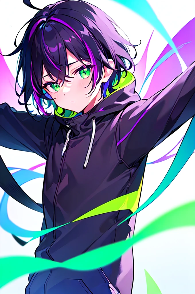 [(WHITE BACKGROUND:1.5),::5], ((((masterpiece)))), high quality, ultra very high resolution, full color, (((solo))), (()), black hair, ((purple streaked hair)), (green eyes), anime, ((upper body)), neon light, black parka, (green flame effect:1.2)