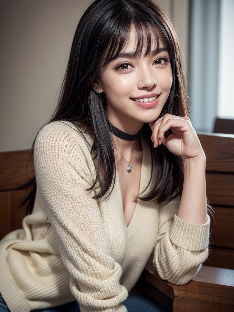 1girl, alone, solitary, high quality, (best quality,4k,8k,highres,masterpiece:1.2),ultra-detailed,(realistic,photorealistic,photo-realistic:1.37),gorgeous hair,black hair, jet black long straight hair with bangs,puffy eyes,mole on the cheek,plump lips,jewelry,(high detailed skin:1.4),(rim lighting:1.3),(lit:1.3),(sunny day:1.3),portrait,beautiful lips,waist-length hair,seductive gaze,moles,sweater,intense colored sweater,close up,really long hair,choker necklace,tattoos on thighs,tattooed,light eyes,bangs,fringe,20 year old,perfect smile,beautiful smile,dimples on the cheeks,perfect teeth,straight teeth,beautiful teeth,dimples,dimpled smile,apple cheeks