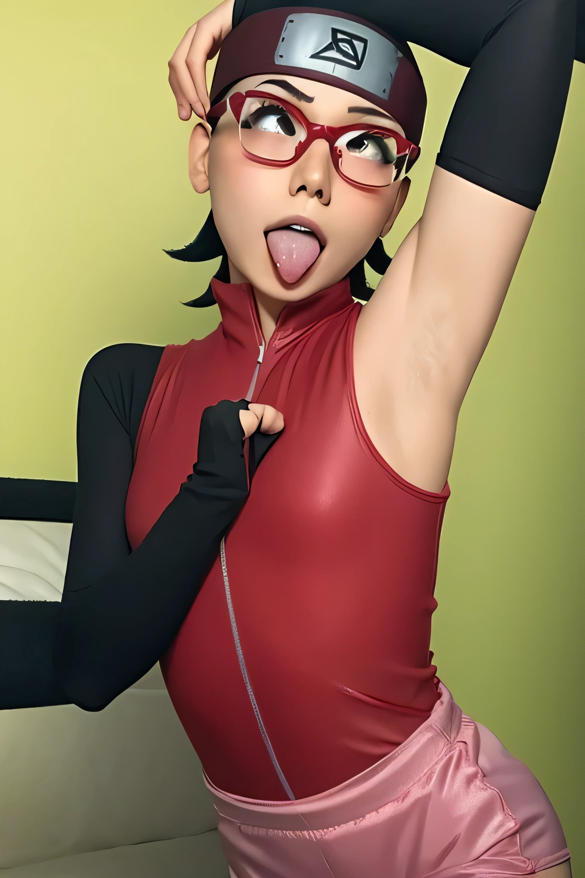 1 girl, standing, beautiful Sarada Uchiha, 18 years old, Cups, Black thighs, arm warmers, forehead protector, shorts, short hair, big chest, black eyes wearing glasses, small hips, big ass, capture anime screen, Sarada is 18 years old, mature appearance,armpits,sweat,sweaty,sweaty armpits,arms up,showing armpits,awesome armpits,outfit,blackish red arm warmers,maroon arm bands,matoon arm warmers