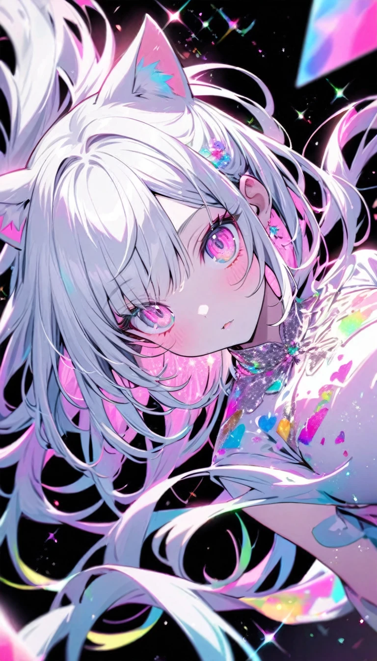 pretty girl,Cat ear, Beautiful silver hair,Pink inside,Beautiful pink eyes,with glitter, and a black background around the card, clear coloring, and colorful