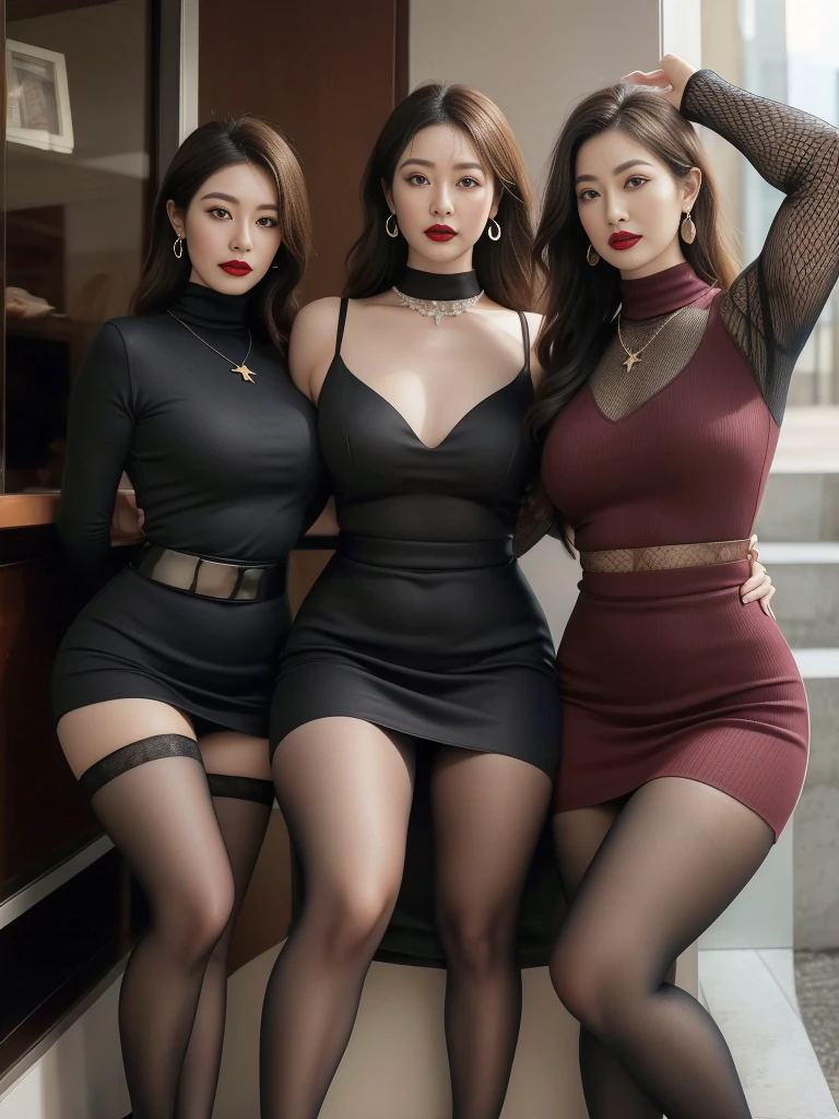 outdoor，Scenes，Gray clothes, (No cleavage),thigh, cosmetic, (lipstick: 1.1), (Eyeliner: 1.2), mascara, Eyeshadow,Outdoor sports, earrings, necklace, Black tights, Wrinkles at the corners of the eyes, Oral wrinkles,High Neck Knit Bodycon Skirt，full-body shot，An Asian Japanese woman，65 years old，big eyes，elegant temperament elegant temperament，(masterpiece:1.2, best quality), actual, (The real situation,45 years old， Intricate details, Depth of Field，High neck clothes), careful, The content is very detailed, This is a perfect face, Perfect body, Large Model, Mature woman, High, Leg length,Black silk suspender belt，8K,best quality, masterpiece, Ultra-high resolution,(lifelike:1.4), original photo, Stay focused, detailed, Dramatic, Exquisite beautiful woman, (tall and straight:1.1),(Fat goddess desetallic high leg high collar dress mini skirt:1.0),(High collar fitted skirt),half butterfly earrings, double ring necklace, (:1.05), (65 years old, : 1.4), cosmetic, (lipstick: 1.1), (Eyeliner: 1.2), mascara, Eyeshadow, Long curly hair, Dynamic Angle, (red lips)Beautiful graphics, thigh long，Random Color Greasy Reflective Tights, Scenes，Fishnet stockings，Red high heels