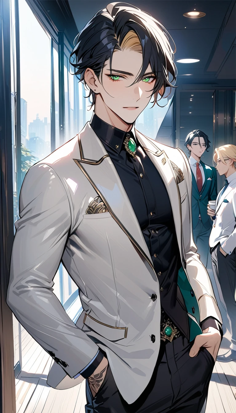 1 male, 25 years old British male, decisive, graceful, tattooed, emerald eyes, black hair, white suit, black shirt, tie, British gentleman, white pants, office president, 
Standing, holding a cup of coffee in his hand，Office President，一个现代Handsome哥，25-year-old male，Black Hair，Green eyes，short hair，No bangs，Show forehead，Middle parted hair，young people，Dynamic Hair，Delicate face，Bright Eyes，Gem Eyes， Extremely detailed eyes， Handsome，Handsome，White skin，Single photo，Upper body photo from thigh up，Handsome哥，Handsome face，masterpiece，HD，masterpiece，Sense of division，a beautiful man，Exquisite eyes，Carefully sculpted hair，Rich in details，Standinging in front of a white background，Handsome哥，juvenile，blond，short hair，Handsome face，Handsome，Handsome，超级Handsome哥，White skin，Fair skin，Handsome哥，Handsome face，Pretty Face，indifferent的表情，Reflective hair，Shiny hair，现代都市Handsome哥，Modern Clothing，Fashion，Casual jacket，trend，Handsome，upright，Standing，front，Moderate，Direct vision，Eye height，Wearing a white coat，Black pants，front面貌，front，Stay away from the camera，whole body，High cold temperament，Shoulder height，front面貌直面镜头，（whole body照片），whole body，Imagine，blond，cold face，indifferent，cold，Don't laugh，Residence，poker face，4K, ((masterpiece)),((best quality)),((High Detail)),((Practical,)) ((best quality)), ((masterpiece)), ((Practical))，high resolution, ((Intricate details)), Very detailed,masterpiece, best quality, (Very detailed CG unity 8k wallpaper), (best quality), (Best Illustration Award), (Best shadow),,Ray Tracing, Very detailed