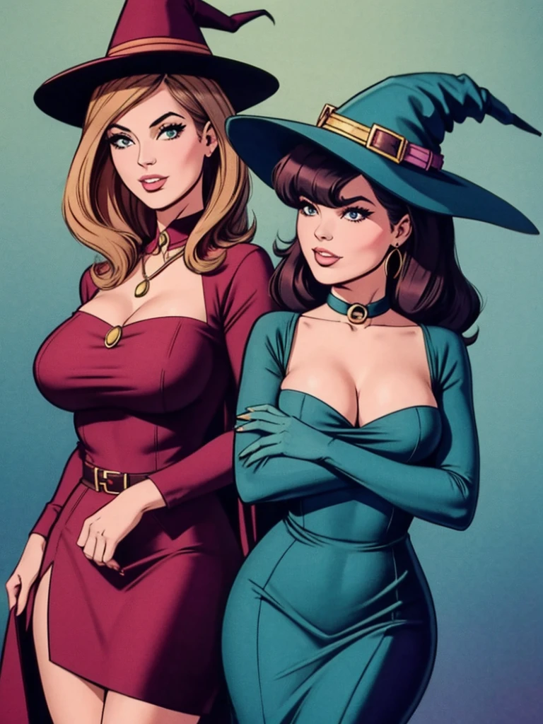 two fashionable young witch women posing for a picture, retro 60s girls fashion