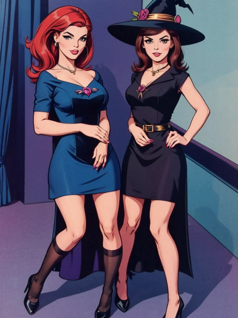 two fashionable young witch women posing for a picture, retro 60s girls fashion