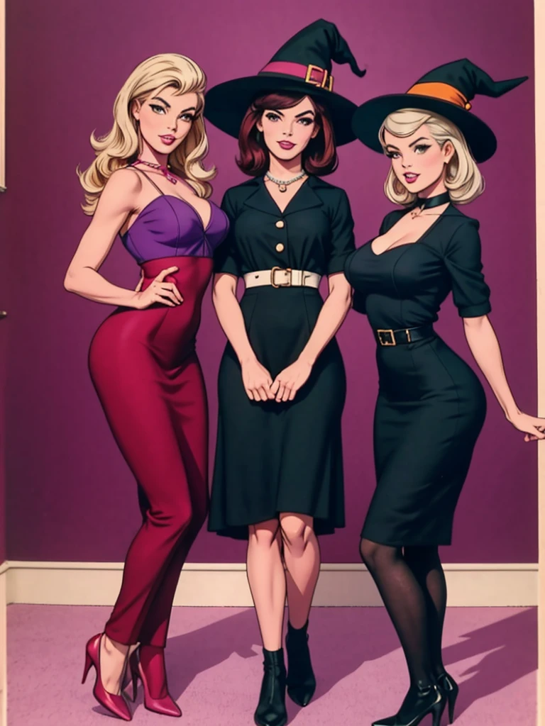 two fashionable young witch women posing for a picture, retro 60s girls fashion