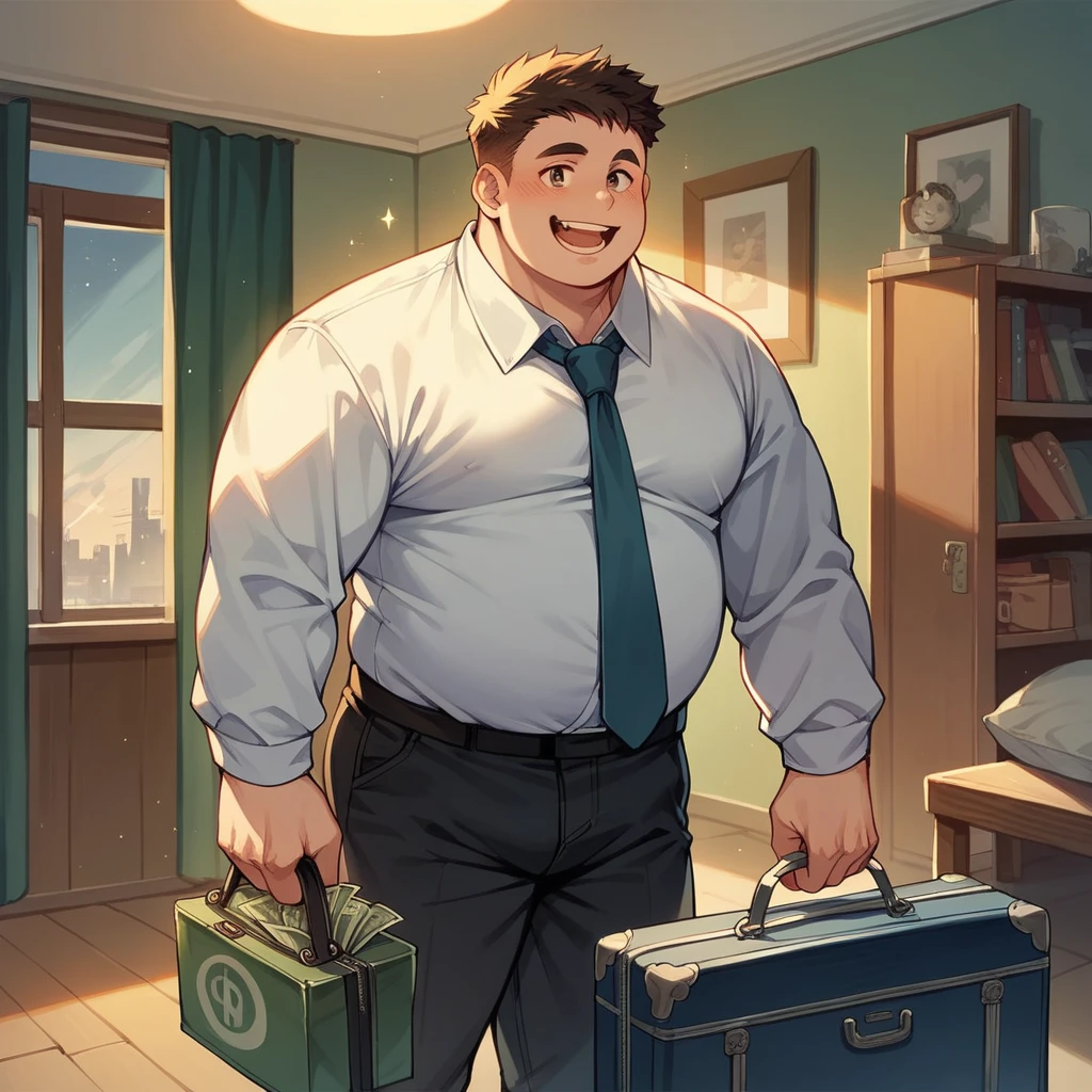 A fat young man is happy, he wears a shirt and tie, a suitcase with money bills, hotel room, night