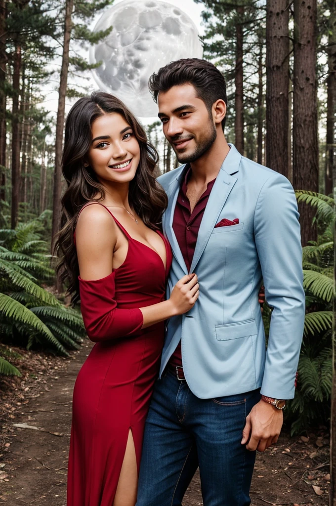 Half Wolf and half man. A man should wear a blazer and jeans. To his next a young woman in red dress with smiling facing. The man kept his hand on her shoulder or he hugs. Background is a forest and sky with moon
