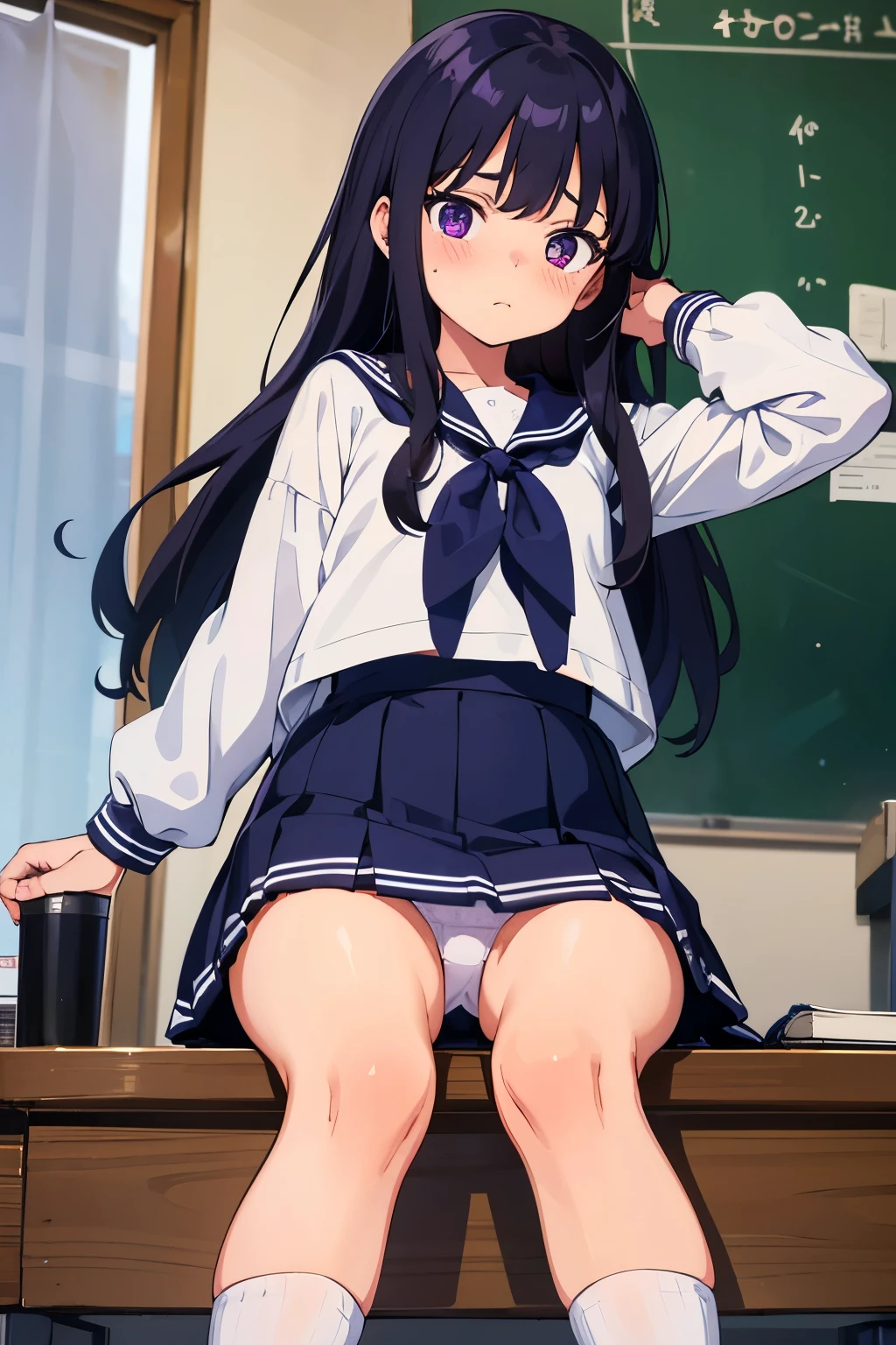 , 8 years old, flat chest,ir, long hair, purple eyes, embarrassed expression（One person） White sailor suit on the upper half, navy blue miniskirt on the lower half　White panties（（I can see her panties））White socks 　sports warehouse　Sitting　 Dynamic Angle　Low - Angle