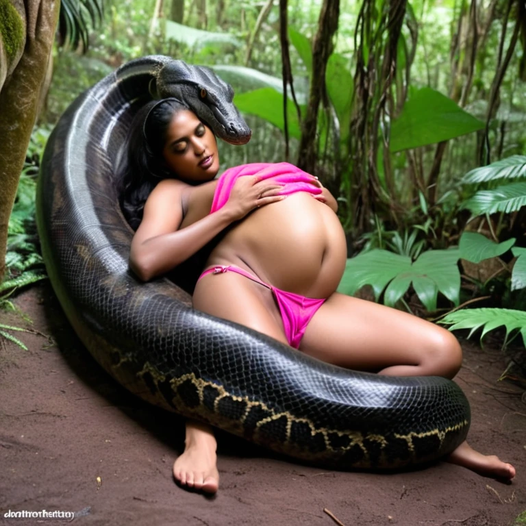 Pregnant Topless pink thong wearing aroused horny beautiful happy young Indian girl vs Giant colossal black anaconda monster wrapped around her body squeezing her in coiled embrace cuddling and kissing sexual erotic bestiality sex realistic in the rainforest full body, best quality wet