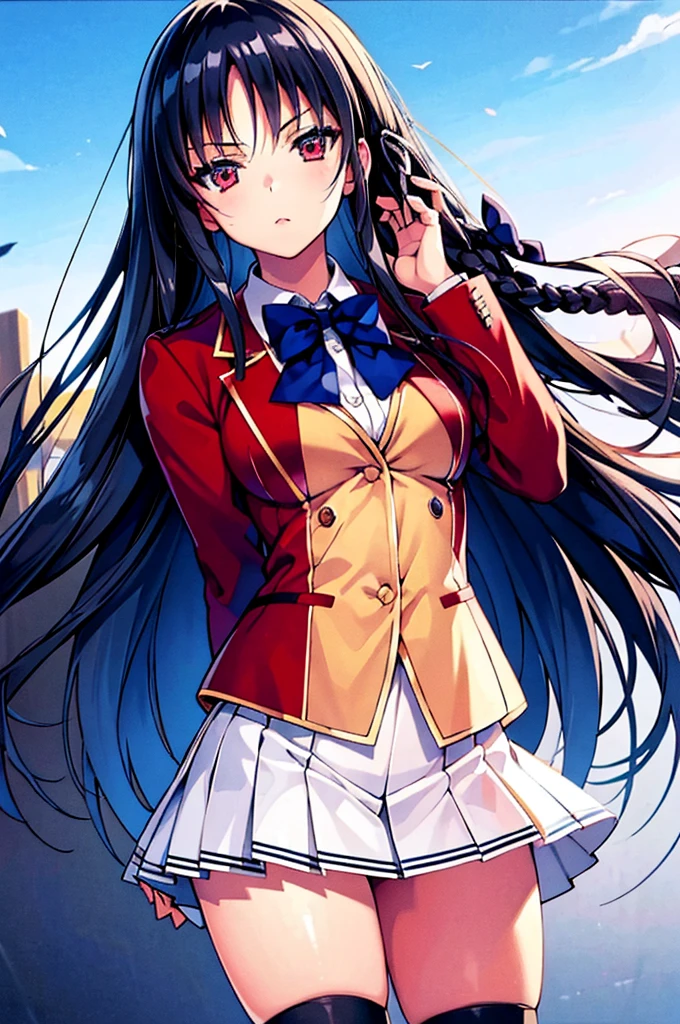 masterpiece, best quality, high resolution, best illustration, super fine illustration, (official art:0.8), anime screencap, detailed beautiful face and eyes, anime keyvisual, (perfect anatomy:1.5), 8k portrait, 
1girl,
Suzune Horikita, 
Suzune Horikita \(youjitsu\),
long hair, braid, 
black hair, 
(red eyes:1.2), slant eyes, small eyes, 
blue bow, 
medium breasts, 
(school uniform, red jacket, white skirt, pleated skirt, black thigh-high socks),
looking at viewer, 
cowboy shot, 
perfect light, background of outdoors, 