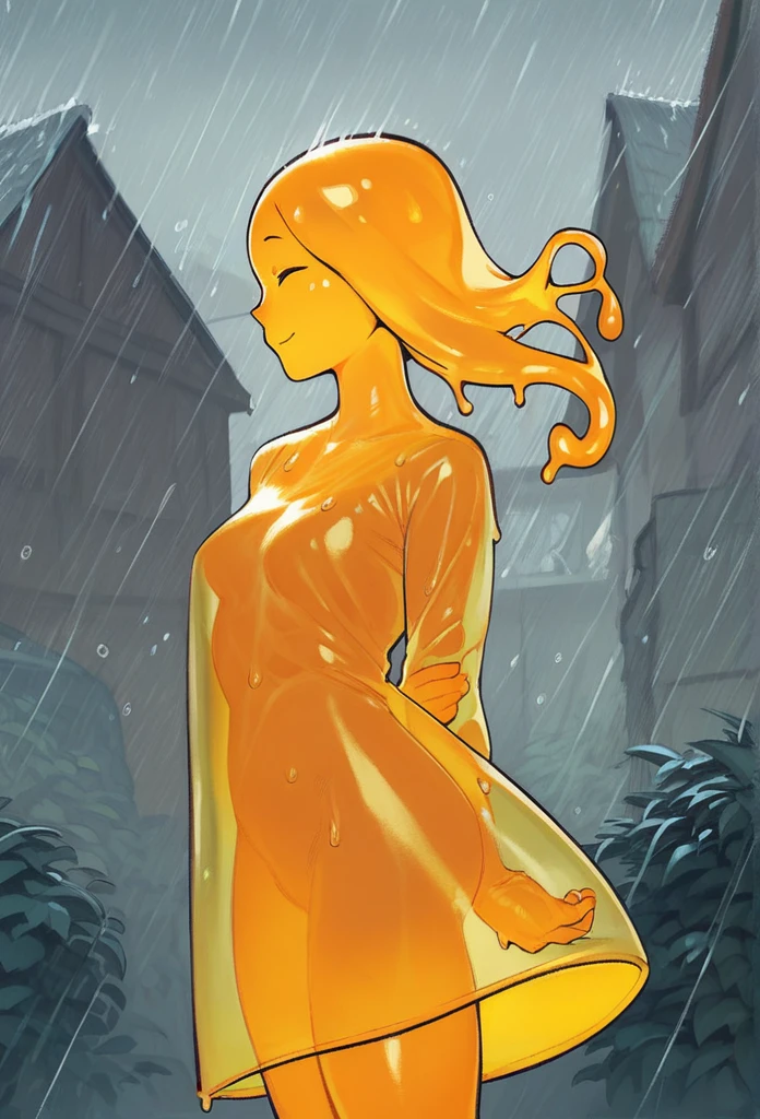 score_9, score_8_up, score_7_up, score_6_up, score_5_up, score_4_up, source_anime, slime girl, purple and cyan gradient skin, translucent yellow (raincoat:1.1), hands behind back, tilted forward, playful, happy, wet, outside, rural town, heavy rain, (raining:1.1), wind, cowboy shot, humanoid, solo, detailed, beautiful
