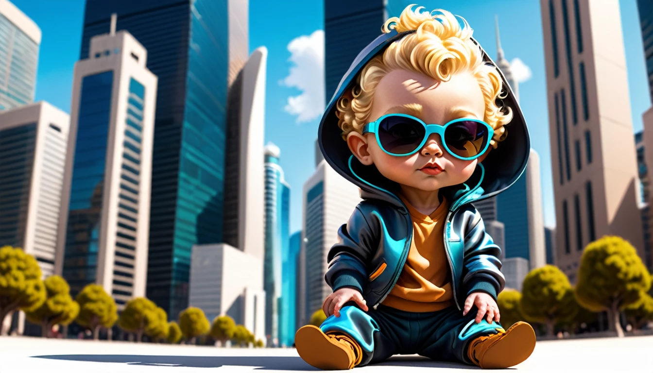 Create a digital illustration of a  character with blonde hair, styled similarly to the original curly hair. The character should wear sunglasses and a hoodie, similar to the reference image. Set the character in a futuristic cityscape with tall skyscrapers and advanced architecture. Ensure the lighting highlights the character's features and the high-tech environment, maintaining a vibrant and dynamic atmosphere.