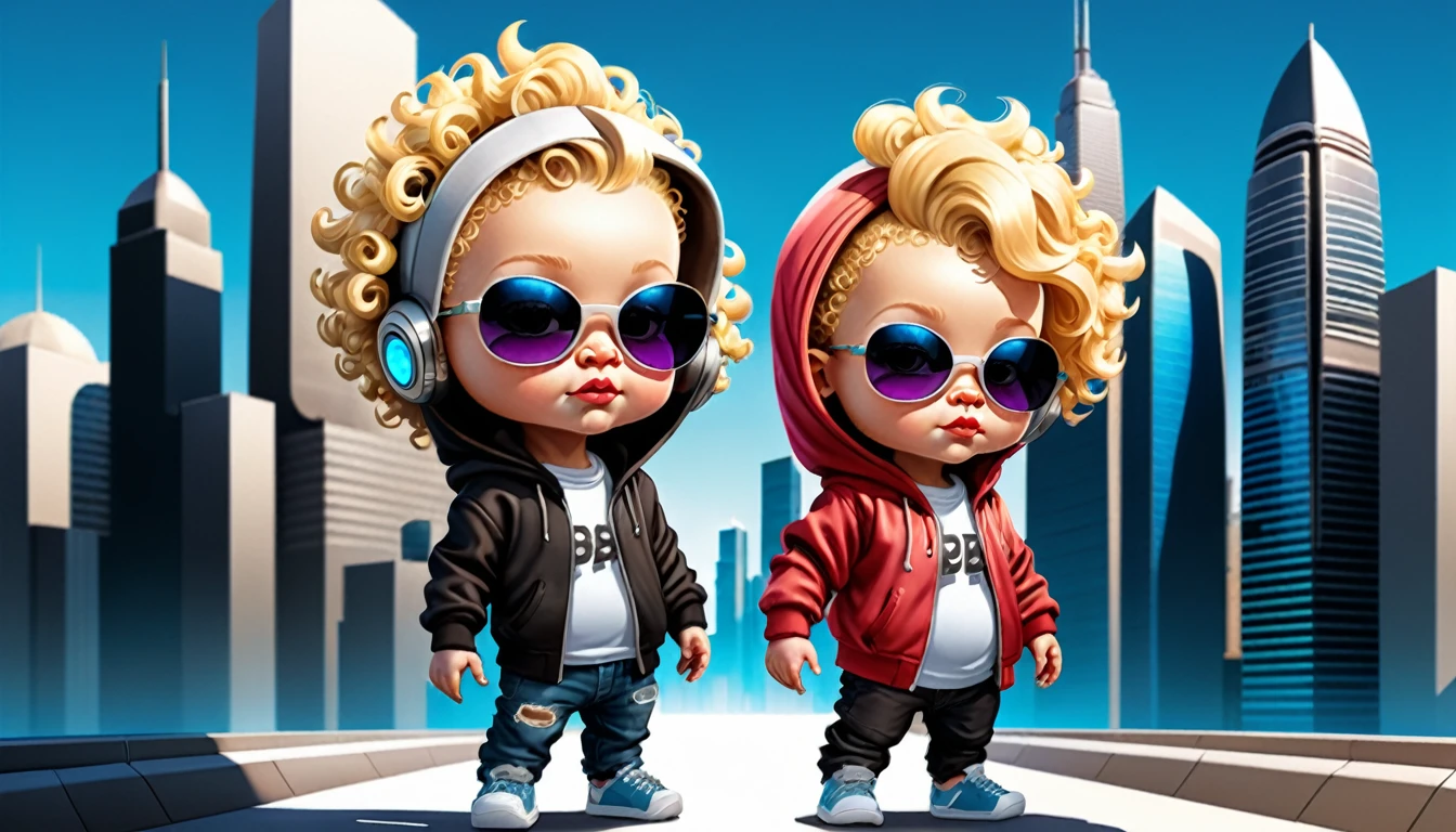 Create a digital illustration of a baby character with blonde hair, styled similarly to the original curly hair. The character should wear sunglasses and a hoodie, similar to the reference image. Set the character in a futuristic cityscape with tall skyscrapers and advanced architecture. Ensure the lighting highlights the character's features and the high-tech environment, maintaining a vibrant and dynamic atmosphere.