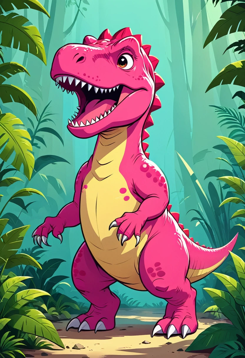 Flat illustration：Cute pink Tyrannosaurus Rex，Savage