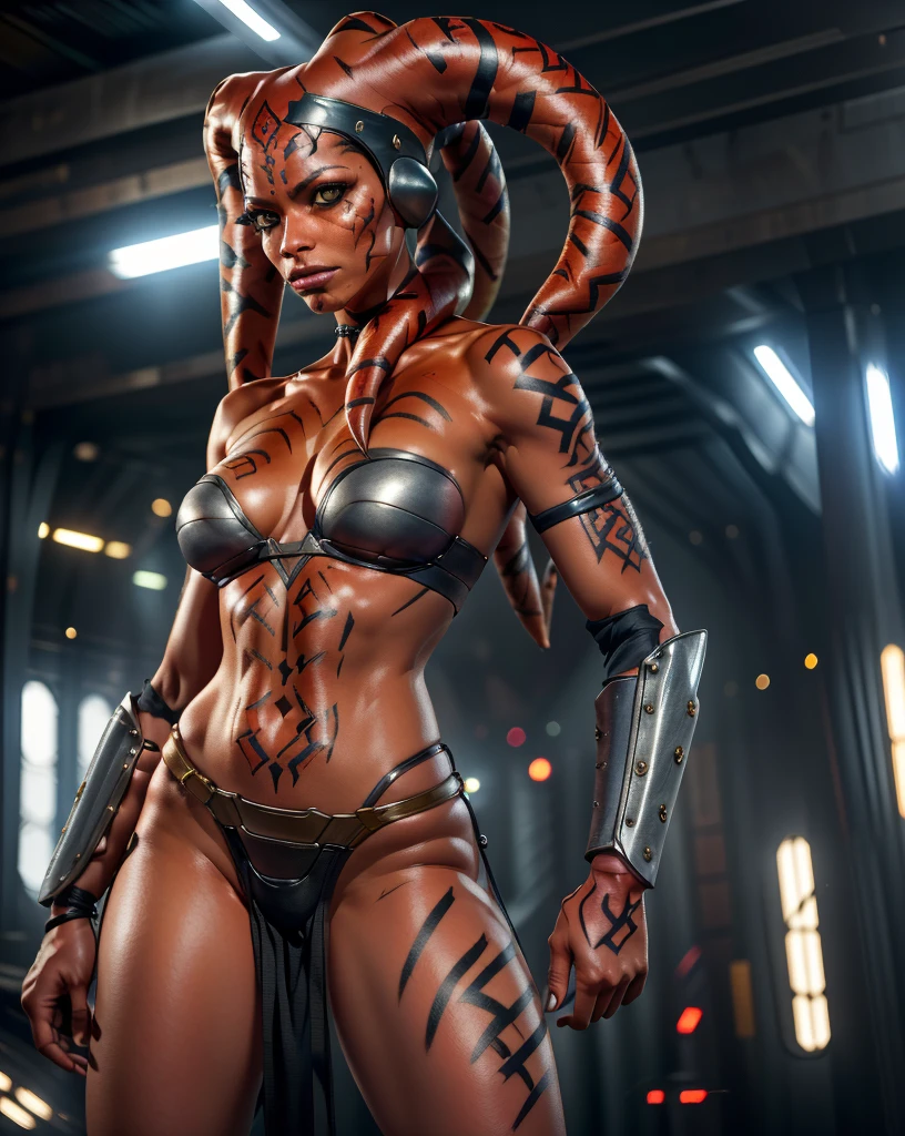 1girl, detailed, masterpiece,HDR, detailed sharp, best quality, solo, looking at viewer, ((StarWAhsoka)), 1girl, ((RED skin)), white facial mark, rosario dawson red skin, orange eyes, facial mark, ((tattoo)), pelvic curtain, armor,
