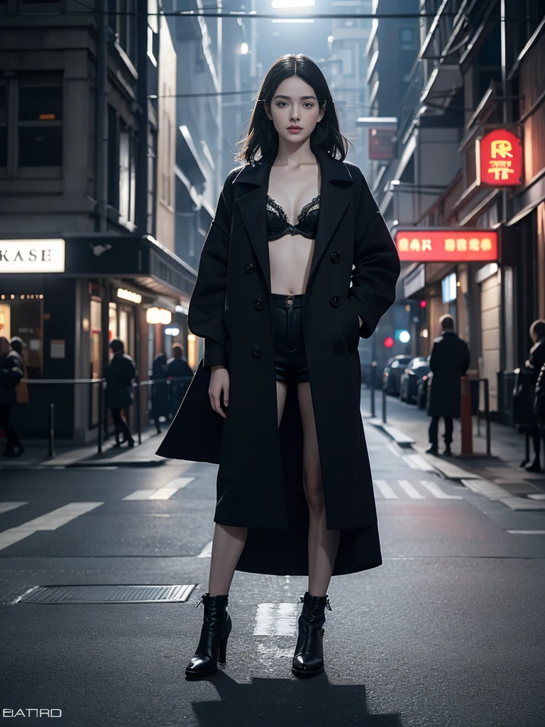 Thin legs, Full body image, bra, Beautiful girl with realistic black eyes, Pale skin, Medium length black hair, Perfect Face, Perfect Eyes, Wearing a coat, Very detailed, Overall Movie, Digital Painting, 8K, Cinema Lighting, Highest quality, High resolution, Detailed work, Post-processing, Perfect results, Ultra-realistic